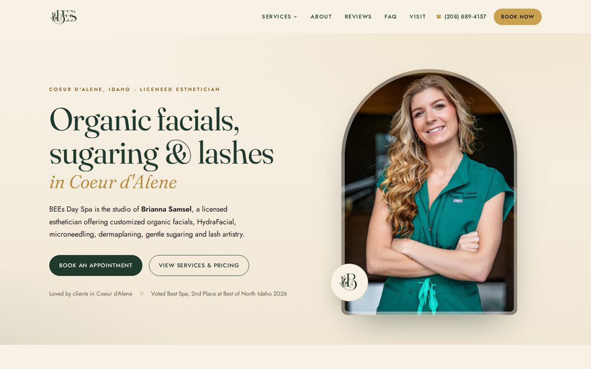 Homepage of BEEs Day Spa, an esthetician studio in Coeur d'Alene, Idaho