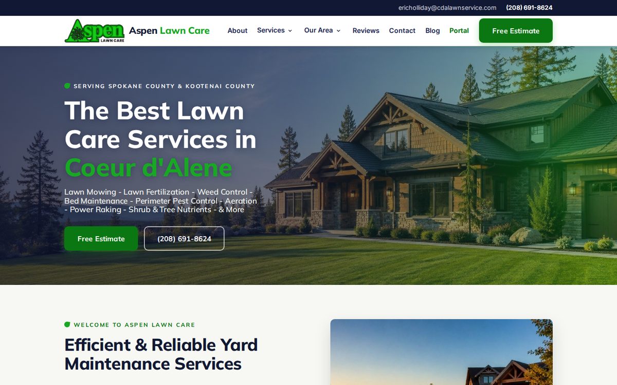 Homepage of Aspen Lawn Care, a lawn care company in Coeur d'Alene, Idaho
