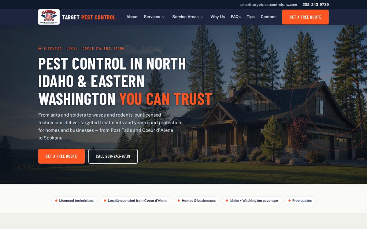 Homepage of Target Pest Control, a pest control company serving North Idaho and Eastern Washington