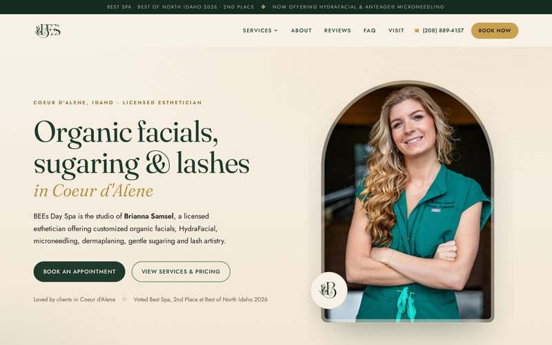 BEEs Day Spa&rsquo;s website shown on a desktop browser, an esthetician studio in Coeur d&rsquo;Alene, Idaho