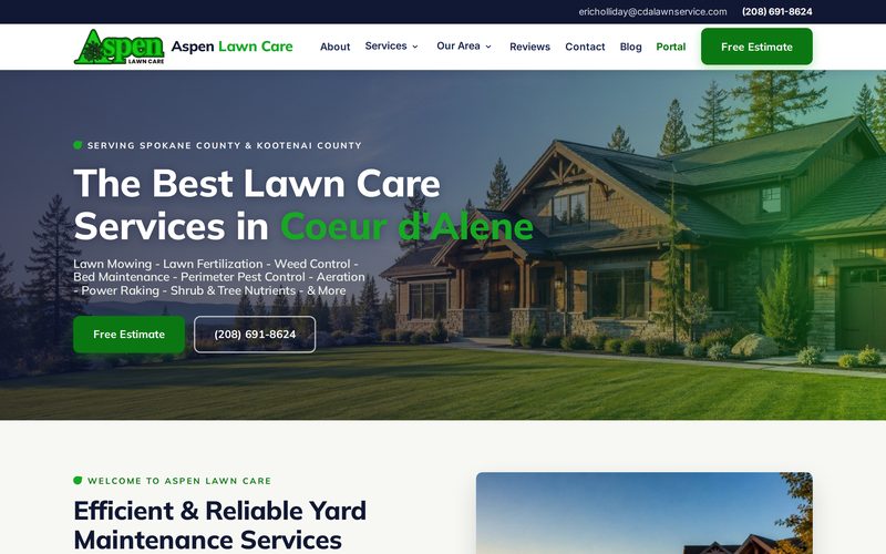 Aspen Lawn Care&rsquo;s website shown on a desktop browser, lawn care and landscaping in Coeur d&rsquo;Alene, Idaho