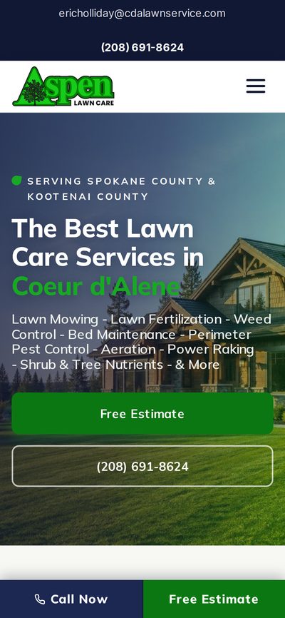 Aspen Lawn Care&rsquo;s website shown on a phone, lawn care and landscaping in Coeur d&rsquo;Alene, Idaho