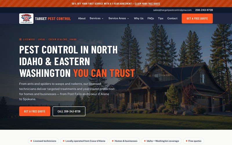 Target Pest Control&rsquo;s website shown on a desktop browser, a pest control company serving North Idaho and Eastern Washington