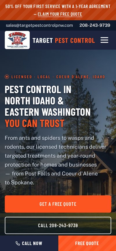 Target Pest Control&rsquo;s website shown on a phone, a pest control company serving North Idaho and Eastern Washington