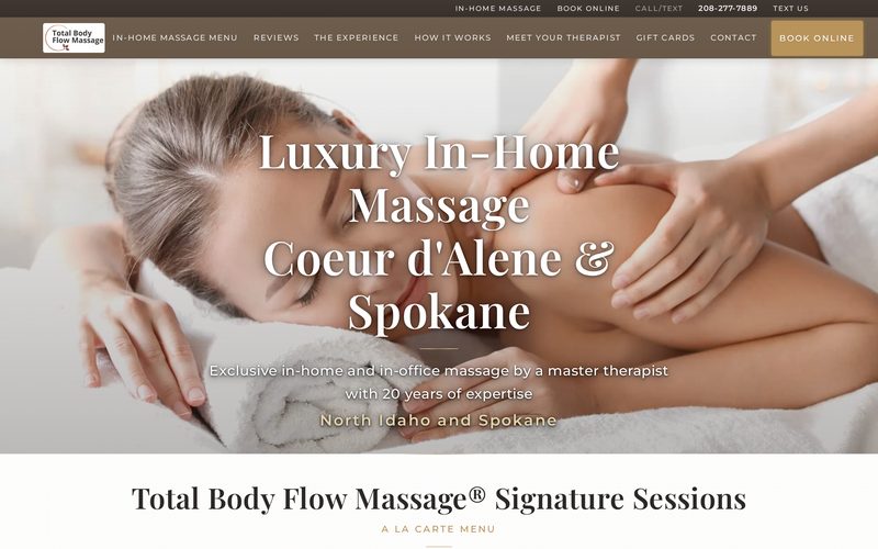 Total Body Flow Massage&rsquo;s website shown on a desktop browser, in-home massage in Coeur d&rsquo;Alene and Spokane