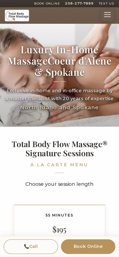 Total Body Flow Massage&rsquo;s website shown on a phone, in-home massage in Coeur d&rsquo;Alene and Spokane